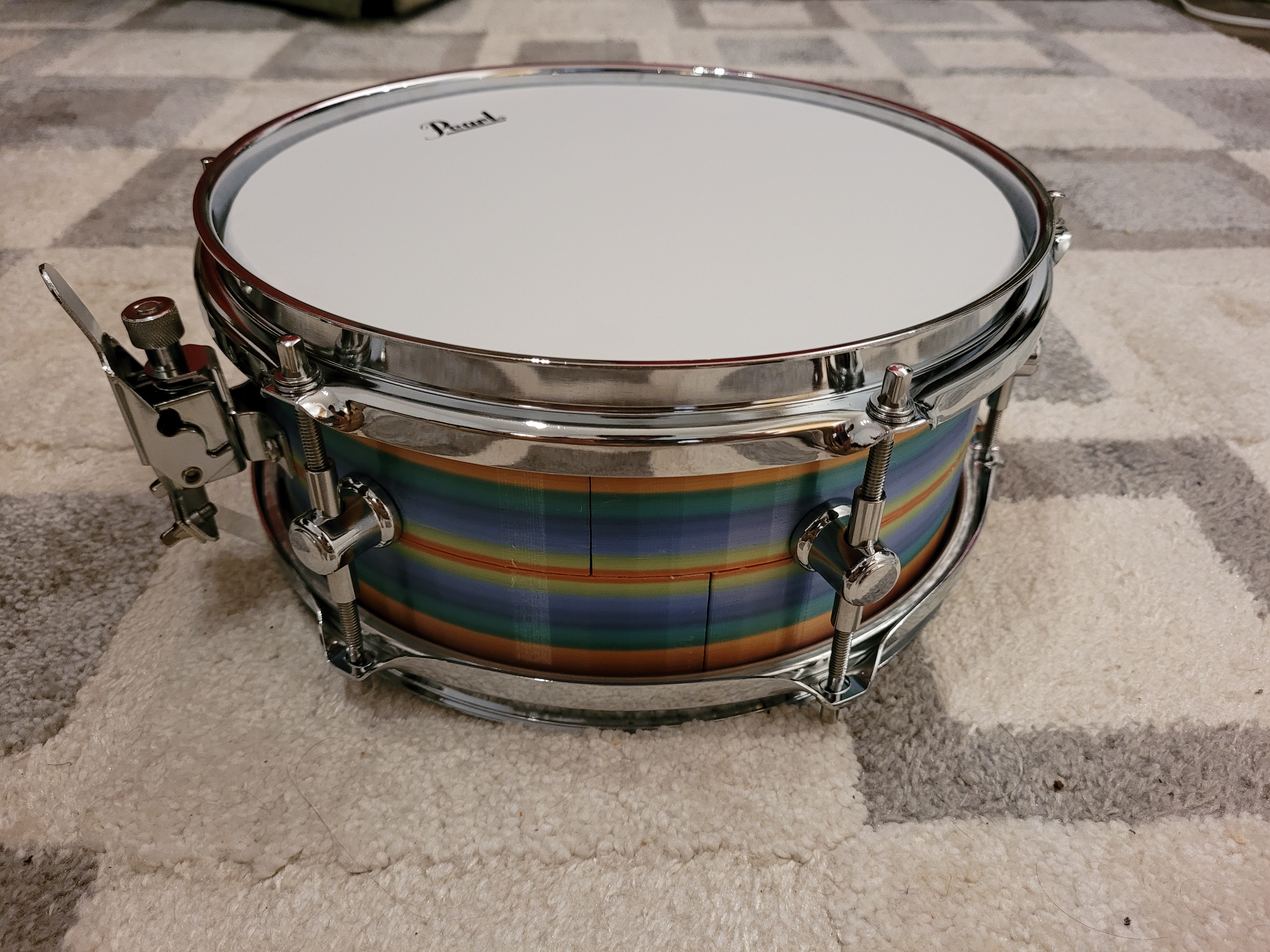 First assembled Falcon Drums prototype — front view with Pearl batter head